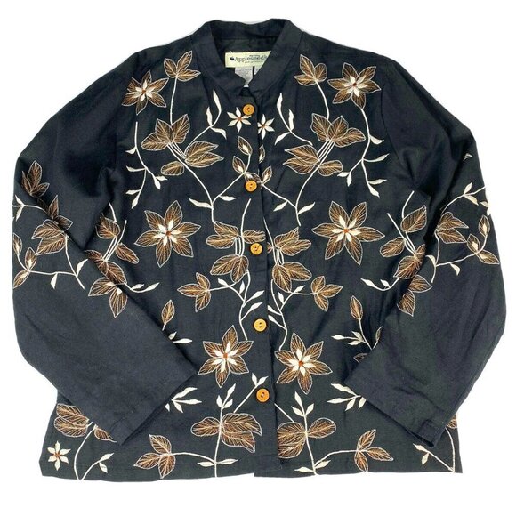 Vintage Appleseeds Embroidered Jacket Women 10P Black Floral Button Boho Cottage - Picture 1 of 12